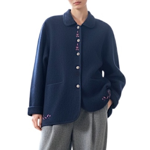 Vintage 90s pure wool dark blue boiled wool boxy oversized embroidered sweater L - Picture 1 of 17